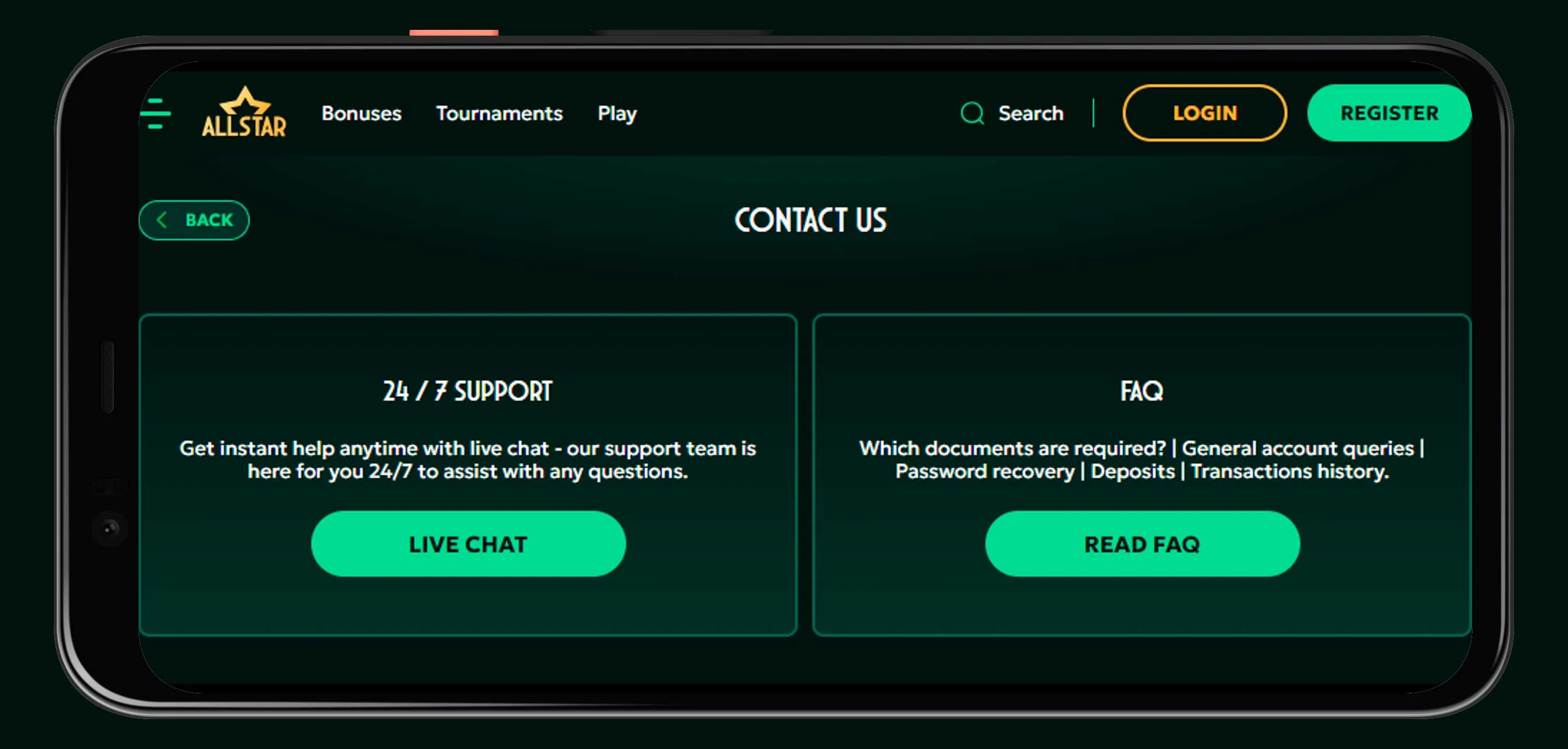 support client mobile allstar casino